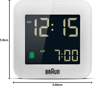 Цифровий дорожній будильник Braun BC08W з функцією відстрочки, компактний, негативний LCD-дисплей, швидке налаштування, наростаючий сигнал, білий