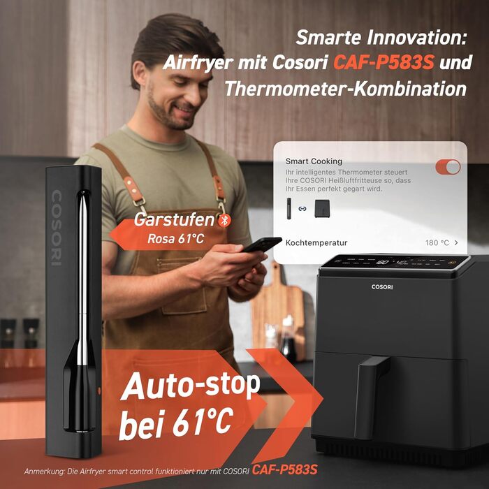 COSORI Смарт термометр для м'яса, бездротовий Bluetooth термометр для гриля та кухні, підходить для аерофритюрниці, мийка в посудомийній машині, чорний