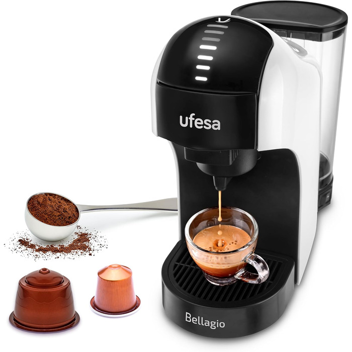 Кавомашина Ufesa Bellagio 3-в-1 для капсул Nespresso, Dolce Gusto та меленої кави, сенсорна панель, 7 рівнів, резервуар 1 л, 1400 Вт, 15 бар, компактна