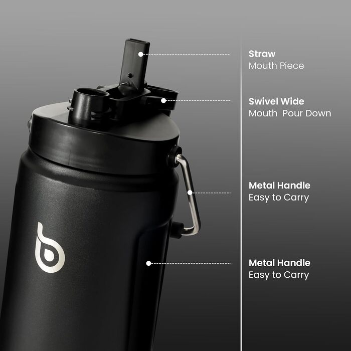 Ізольована пляшка для води BOTTLE BOTTLE 1,8 л з трубочкою, подвійною кришкою та ручкою, термос із нержавіючої сталі для спорту, фітнесу та напоїв, чорна