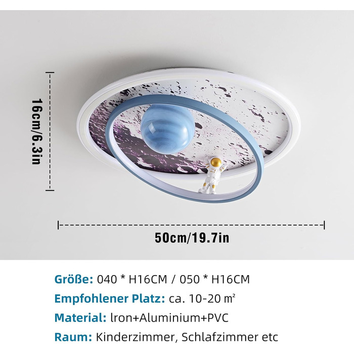Дитяча стельова LED лампа RRBEST Місяць-Астронавт, димована, з пультом, для хлопчиків і дівчаток, синя, 50×16 см, сучасний дизайн, декоративне освітлення дитячої кімнати