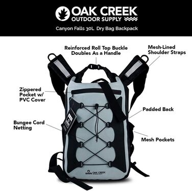 Водонепроникний рюкзак Oak Creek Canyon Falls 30 л, преміум, із ПВХ, сірої кольору, з м'якими лямками, для спорядження