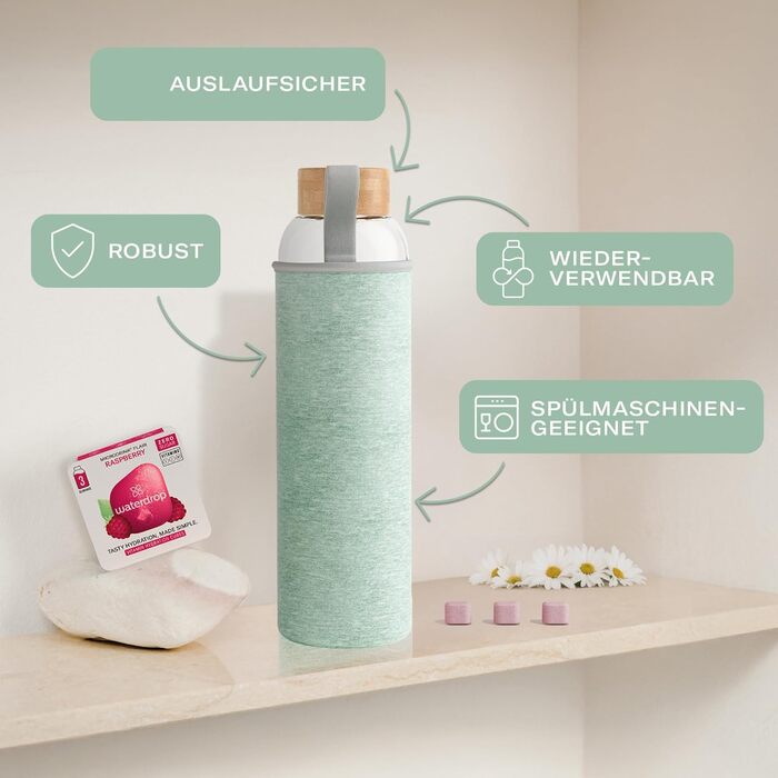 Подарунковий набір waterdrop® для мами: скляна пляшка 1 л + 18 цукрозамінних драже, подарунок для жінок, набір з пляшкою для води, смаковими драже та вітамінами, підходить для газованої води