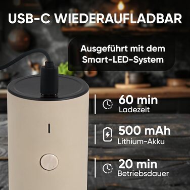 Електричний набір млинків для перцю та солі 45 мл, бежевий, USB-C, 6 режимів помелу, LED, нержавіюча сталь