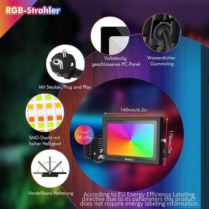 Світлодіодний RGB прожектор MEIHUA 2 шт, 35 Вт, IP66, дистанційне керування, 10 кольорів, 12 режимів, димірування, таймер, пам'ять, для вулиці та саду