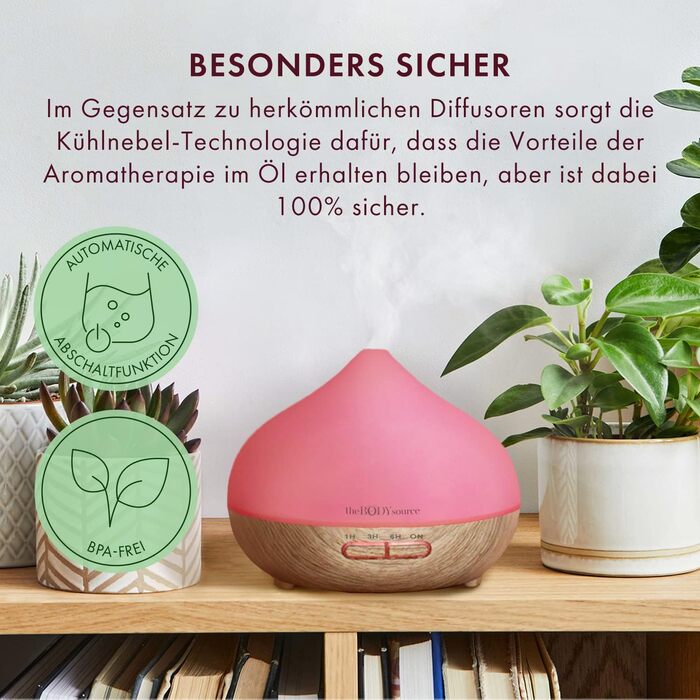 Аромадифузор ультразвуковий The Body Source 300 мл з LED-підсвіткою 7 кольорів, таймером і зволожувачем повітря, електрична лампа для ефірних олій для дому, офісу, спа