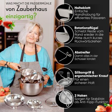 Пасерувальна млинка з нековзною основою ZAUBERHAUS з нержавіючої сталі, 3 сита, абстраз, преміум якість