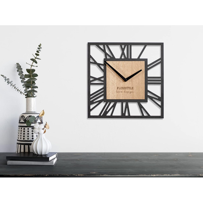 Сучасний настінний годинник FLEXISTYLE LOFT Piccolo Square 30см, безшумний, чорний дуб, для вітальні та ванної