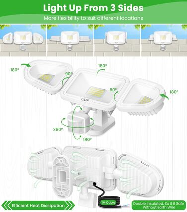 CLY LED прожектор 42 Вт з датчиком руху та пультом, 3600 Лм, 6500K, триголовий, вуличний, IP66, для гаража і тераси