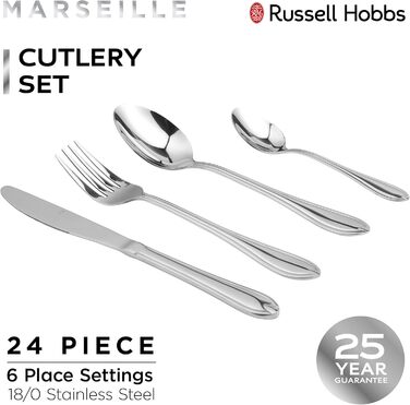 Набір столових приборів Russell Hobbs Marseille на 6 персон, 24 предмети, нержавіюча сталь 18/0, дзеркальна поліровка, придатний для посудомийної машини, 25 років гарантії