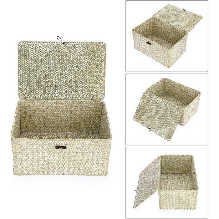 Плетений кошик для зберігання з кришкою з морської трави 36x24x18 см, прямокутний органайзер для ванної, декору та полиці, колір білений