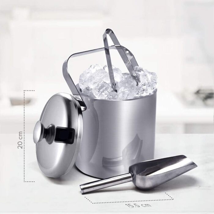 Відерце для льоду з кришкою та щипцями Joeji's Kitchen, 1,5 л, нержавіюча сталь, BPA-free, контейнер для льоду, охолоджувач для льоду