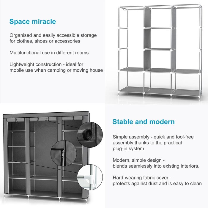 Тканинна шафа INTIRILIFE 150x175x45 см з блискавкою, полицями, штангою та бічною кишенею, для одягу, кемпінгу, сірий
