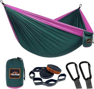 Кемпінгова нейлонова гамак AnorTrek 300x200 см, суперлегкий, портативний, з двома ременями для дерев, для одного або двох, синій та темно-синій