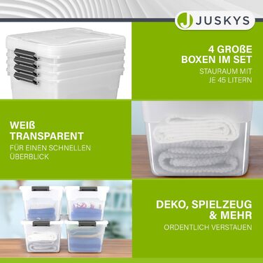 Набір пластикових боксів Juskys з кришкою, 4 шт. по 45 л — великі прозорі контейнери для зберігання, штабельовані органайзери