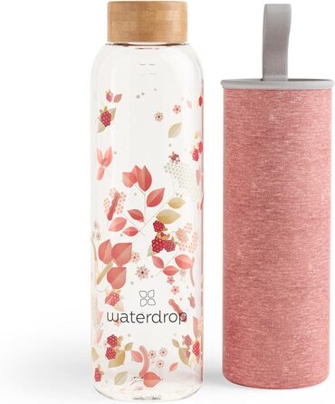 Скляна пляшка для води Waterdrop Edition 600 мл, боросилікат, герметична, підходить для газованої води, без BPA, у комплекті неопреновий чохол, можна мити в посудомийці (Flair)