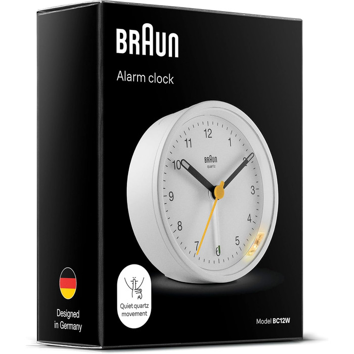 Braun класичний аналоговий будильник з підсвіткою і функцією відкладення дзвінка, безшумний кварцовий механізм, поступове збільшення гучності сигналу, білий, модель BC12W