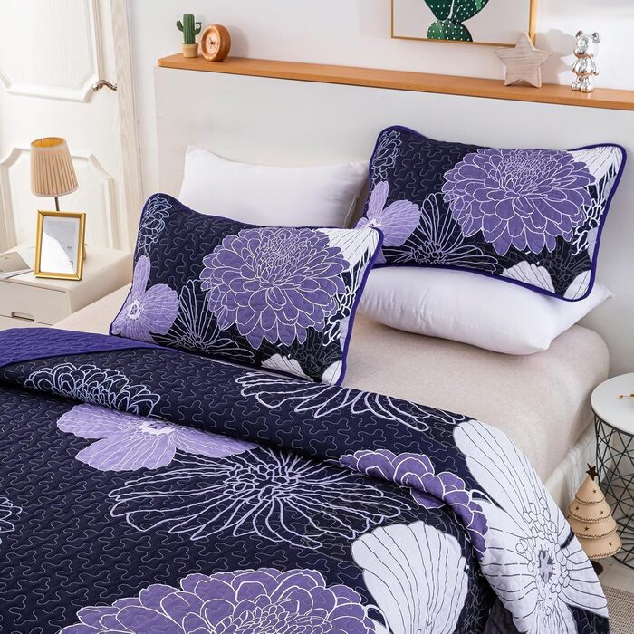 Покривало WONGS BEDDING 220x240 см, лілове, квітковий принт, мікрофібра, літнє стьобане покривало для двоспального ліжка + 2 наволочки 50x75 см