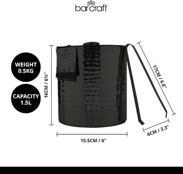 Відерце для льоду BarCraft з нержавіючої сталі з кришкою та щипцями, сріблясте, 1,5 л, молоткова текстура, 15,5x16 см
