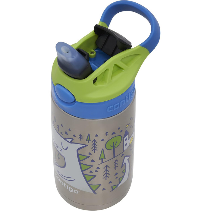 Дитяча пляшка для води Contigo Easy Clean Autospout з трубочкою, нержавіюча сталь, без BPA, 100% герметична, легке очищення, 420 мл, для школи, садка, спорту (Matcha Dragon)