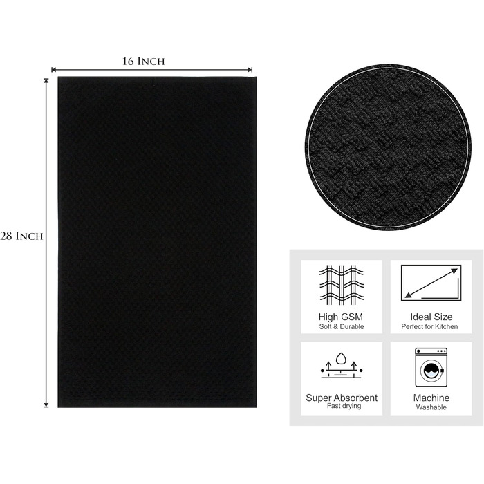 Кухонні рушники Cotton Craft 12 шт, вафельне плетіння, 40,6×71,1 см, чорні, 420 г/м², 2-шарова бавовна, високої поглинаючої здатності, без ворсу