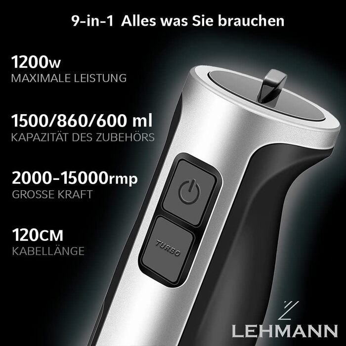Занурювальний блендер Lehmann 1200 Вт з турборежимом, регулюванням швидкості, 9 аксесуарів, електричний багатофункціональний міксер для подрібнення та пюре
