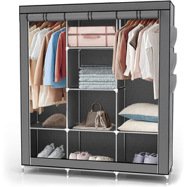 Складана текстильна шафа INTIRILIFE 130x175x45 см, сірий, з блискавкою, полицями, штангою та кишенею — шафа для одягу для дому й кемпінгу