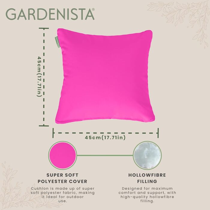 Водонепроникна декоративна подушка Gardenista для садових меблів, 45x45 см, комплект 4 шт, рожева, наповнювач з пінополіуретану, зручна для вулиці