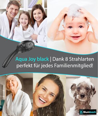 Душова лійка BLUMBACH Aqua Joy, 8 режимів, високий тиск, економія води, чорна, 8 л/хв