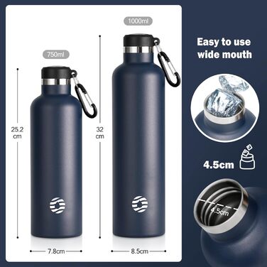Термос-бутилка FEIJIAN FJbottle 316 з нержавіючої сталі, вакуумна, 750/1000 мл, з карабіном, BPA Free, герметична спортивна пляшка для спорту, роботи та подорожей