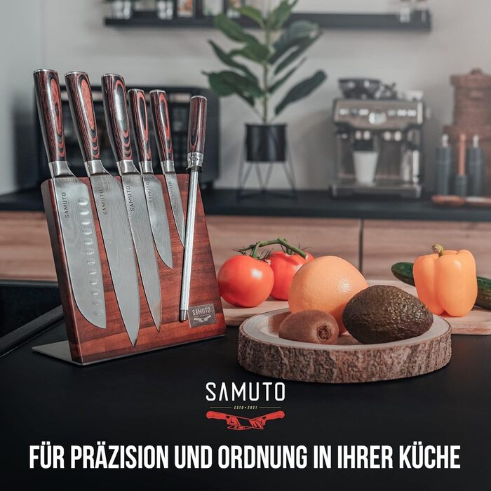 Samuto – Набір з 5 високоякісних азіатських кухонних ножів з магнітним блоком, точилкою та подарунковою коробкою, преміум нержавіюча сталь, дамаський візерунок, ергономічна ручка з пакка-дерева – ідеальне кухонне приладдя