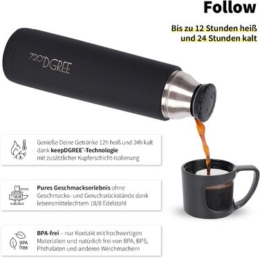 Термос 720°DGREE Follow 1 л з чашкою, нержавіюча сталь, герметичний, BPA-free, зберігає тепло 12 годин, холод 24 години, для кави, чаю, роботи, школи, подорожей