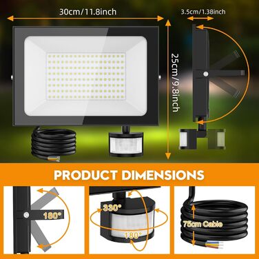 LED прожектори з датчиком руху та пультом, 150Вт, 6500K, IP66, для вулиці, двору, саду, гаража, 2 шт.
