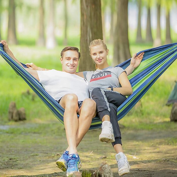 Подвійний гамак 280x150 см для вулиці, стрижневий, туристичний, для кемпінгу та саду, сині смуги, до 300 кг, портативний і дихаючий