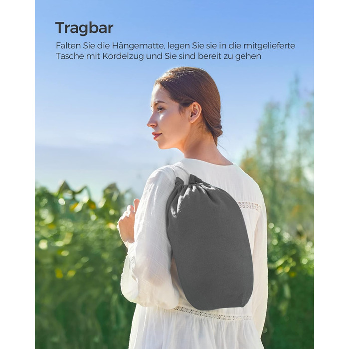 Двомісний гамак SONGMICS 210x150 см, до 300 кг, з чохлом, ременями та карабінами, для тераси, балкона, саду, кемпінгу, сірий