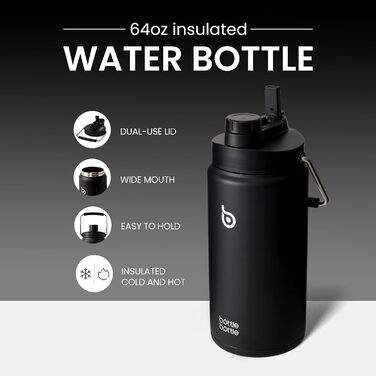 Ізольована сталева пляшка для води 1,8 л BOTTLE BOTTLE з трубочкою, кришкою, ручкою та відділенням для пігулок, BPA-free, не протікає, для спорту, фітнесу, походів, чорна