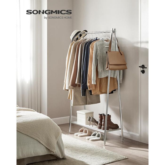 Вішалка для одягу SONGMICS зі сталевим каркасом, полицею та штангою, 33,5x92,5x153 см, біла, для спальні та гардеробу