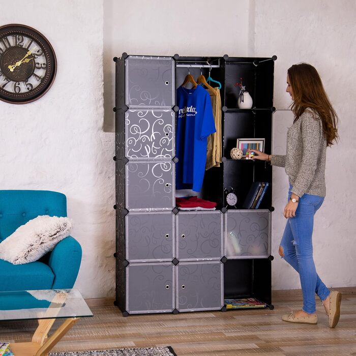 Модульна шафа для одягу Relaxdays з 12 відсіками, велика гардеробна з пластику, 145,5x145,5 см, біла (чорна)