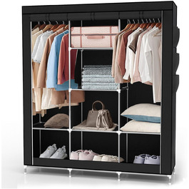 Тканинна шафа INTIRILIFE 130x175x45 см з блискавкою, полицями, штангою та бічною кишенею, складна, для одягу, для кемпінгу, чорна