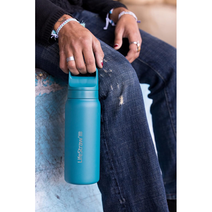 LifeStraw Go Серія – ізольована пляшка з нержавіючої сталі з фільтром для води 700 мл для подорожей і щоденного використання, усуває бактерії, паразитів, мікропластик, покращує смак, колір лагуна бірюзовий