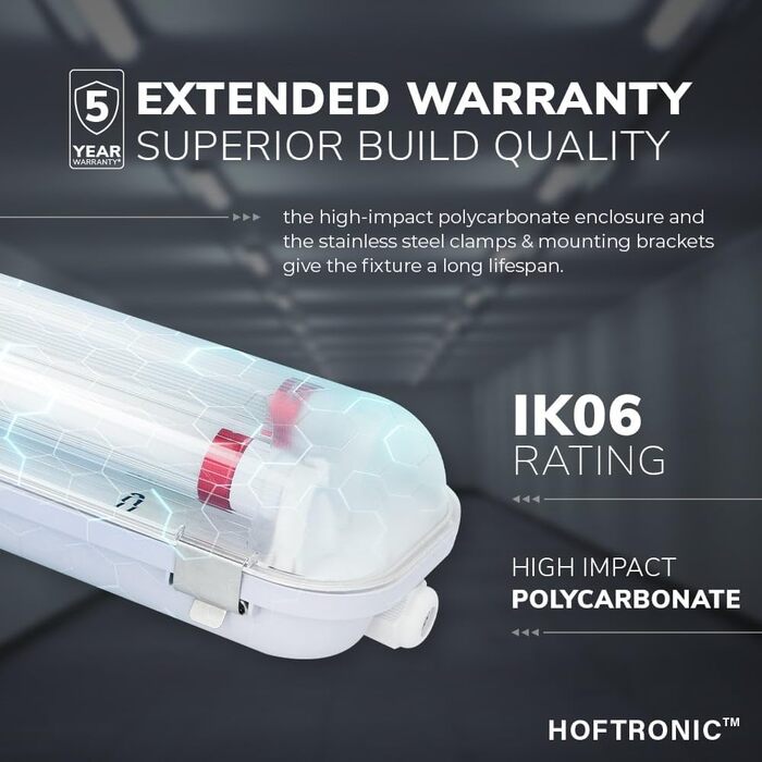 HOFTRONIC LED світильник для вологих приміщень 150 см 60W 6000K холодне біле світло, 10500 лм, 175 лм/Вт, без мерехтіння, з'єднуваний, T8, IP65, водостійкий, подвійний, для гаража, підвалу, офісу