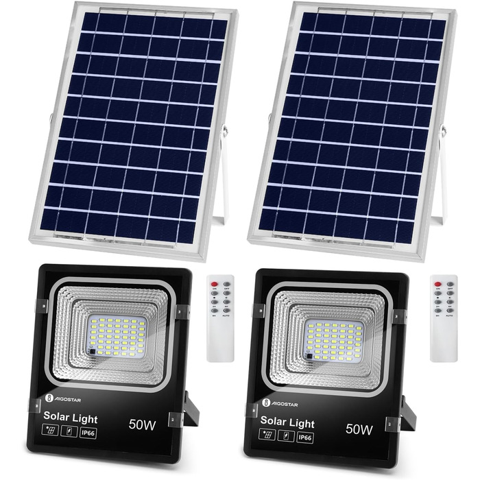Світлодіодний прожектор Aigostar 50W з сонячною панеллю, холодне біле світло 6500K, IP66, для вулиці, саду, двору, гаража, 2 шт