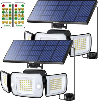 Сонячні LED ліхтарі INTELAMP для вулиці з датчиком руху, 6000 мА·год, 1200 Лм, 270° широкий кут, IP65, з пультом, для тераси та гаража, 2 шт, кабель 2,7 м