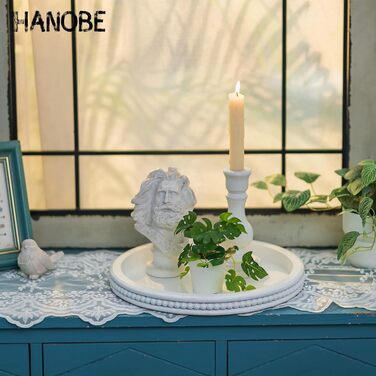 Дерев'яне декоративне піднос Hanobe, круглий, білий, з перловим краєм, у стилі бохо, сервірувальний піднос для кухні, столу, свічок