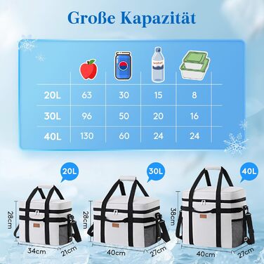 Lifewit ізотермічна складна сумка-холодильник 40л, сірий, для їжі та напоїв, пікніка, роботи, кемпінгу