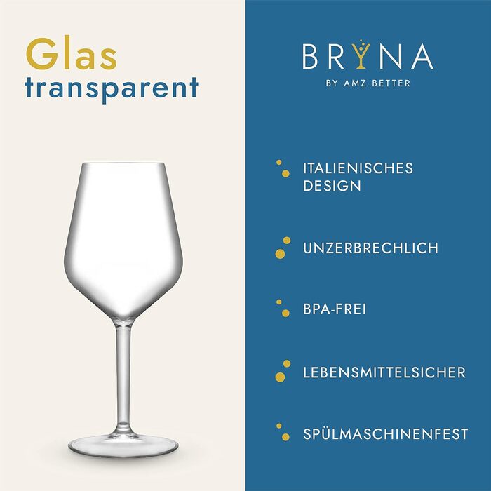 Набір з 6 келихів для вина BRYNA 330 мл з полікарбонату, італійський дизайн, прозорі, небиткі, багаторазові, для посудомийної машини