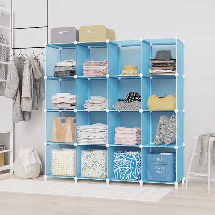 Пластиковий шафа-гардероб з полицями і 2 штангами Kleiderschrank, білий/синій, для спальні, портативний