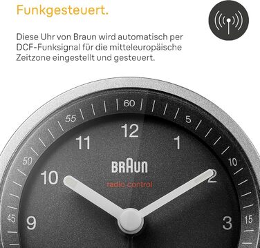 Будильник Braun BC07SB-DCF аналоговий з радіокеруванням, підсвіткою, тихим механізмом, функцією дрімоти, чорний/сріблястий, для центральноєвропейського часу (MEZ/GMT+1)
