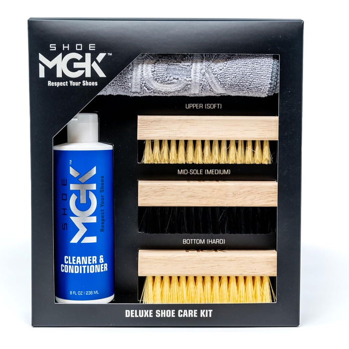 SHOE MGK Набір для догляду за взуттям Deluxe – засіб для чищення білих, шкіряних, замшевих, текстильних та інших типів взуття, 236 мл, з м'якою щіткою