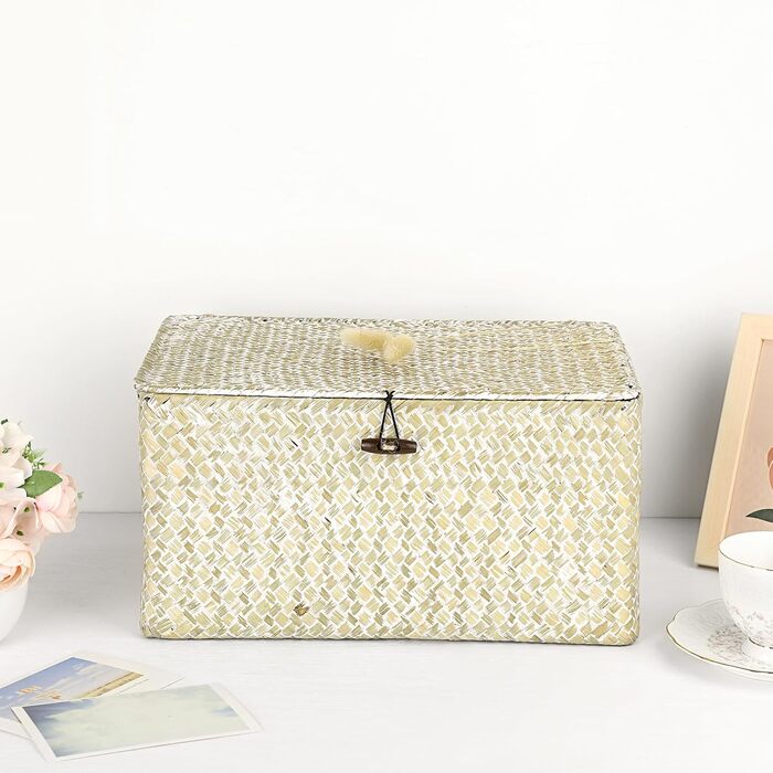Плетений кошик для зберігання з кришкою з морської трави 36x24x18 см, прямокутний органайзер для ванної, декору та полиці, колір білений